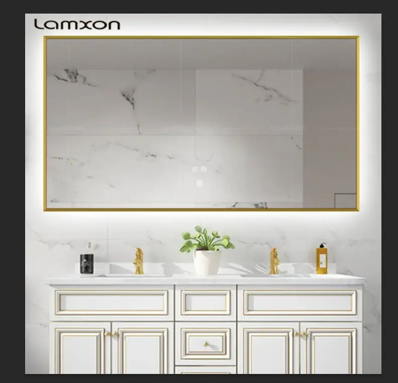 LAM028 Rectangle Brass Framed Backlit Bathroom Mirror