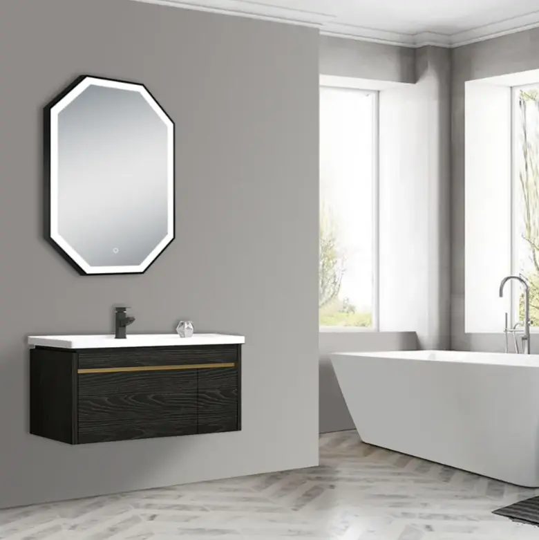 LAM027 Octagon Black Frame Bathroom Mirror With Lights