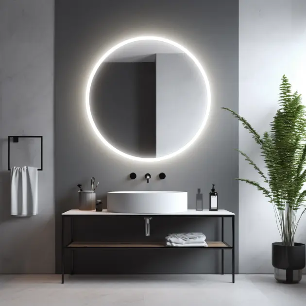 backlit circular bathroom mirror